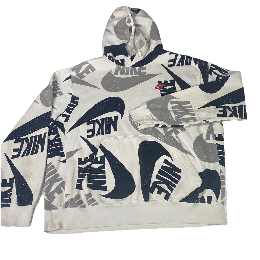 Y2k Nike Swoosh Hoodie Sweatshirt Mens SZ L White Big Logo AOP Spellout Pullover